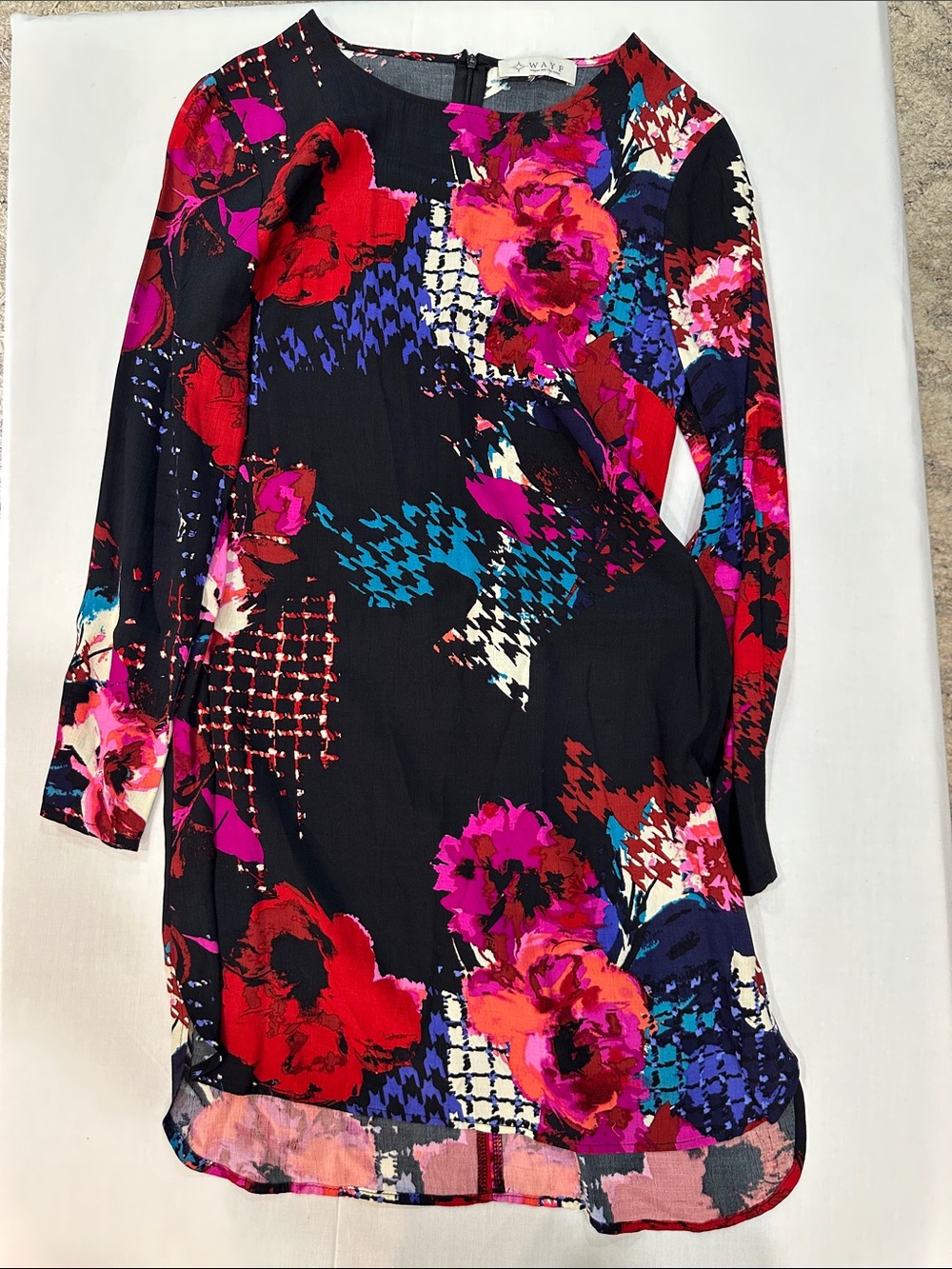 WAYF Floral Houndstooth Dress Size Small Long Sleeve Hi Low Black Pink
